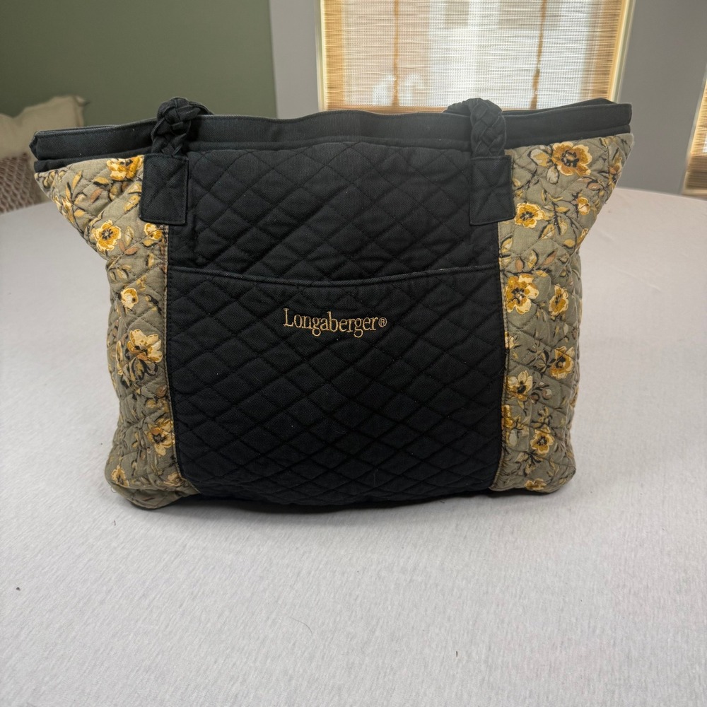 Longaberger Black Quilted Floral Tote‎ Bag gingham interior